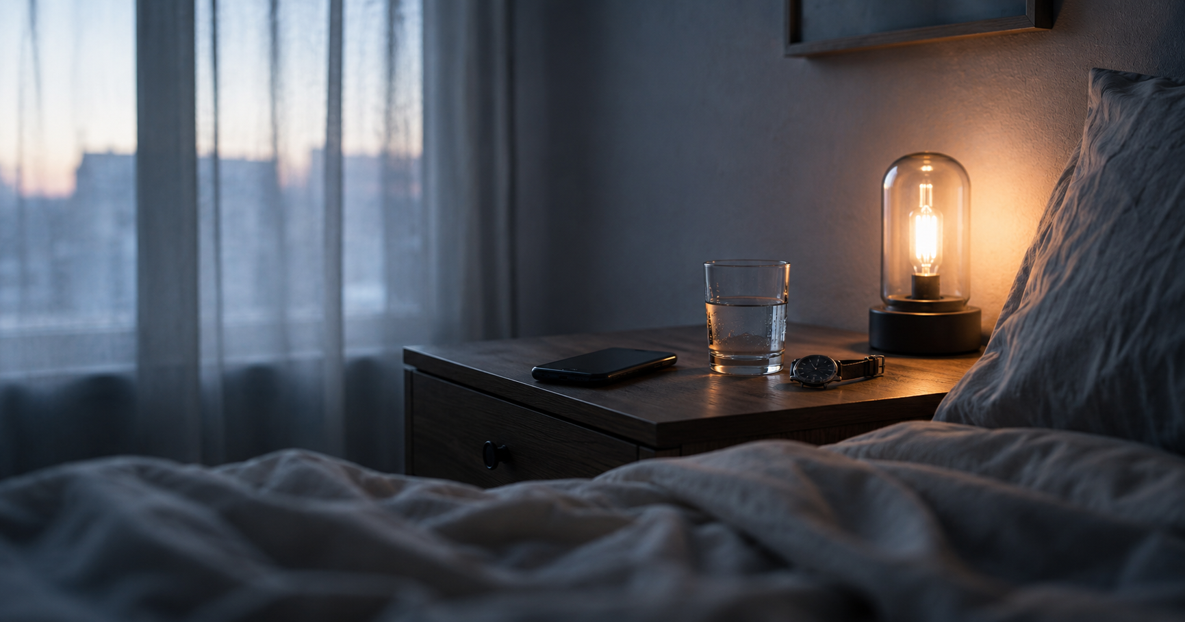 Ein Nachttisch neben einem Bett im Dämmerlicht: ein ausgeschaltetes Handy mit dem Display nach unten, ein Glas Wasser und eine warm leuchtende Lampe, dahinter ein Fenster mit Morgendämmerung — einmal wirklich abschalten