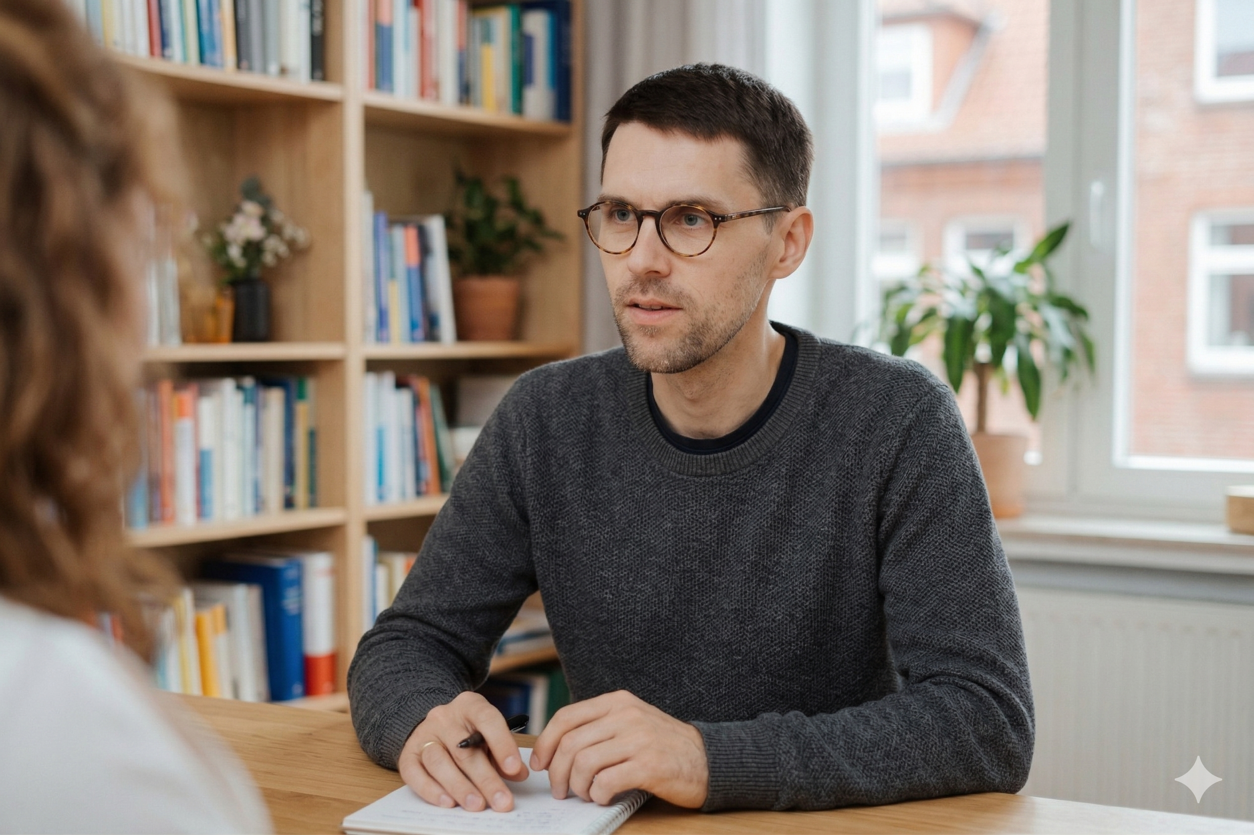 Zwei Personen im Gespräch — Führungskraft im Coaching-Kontext